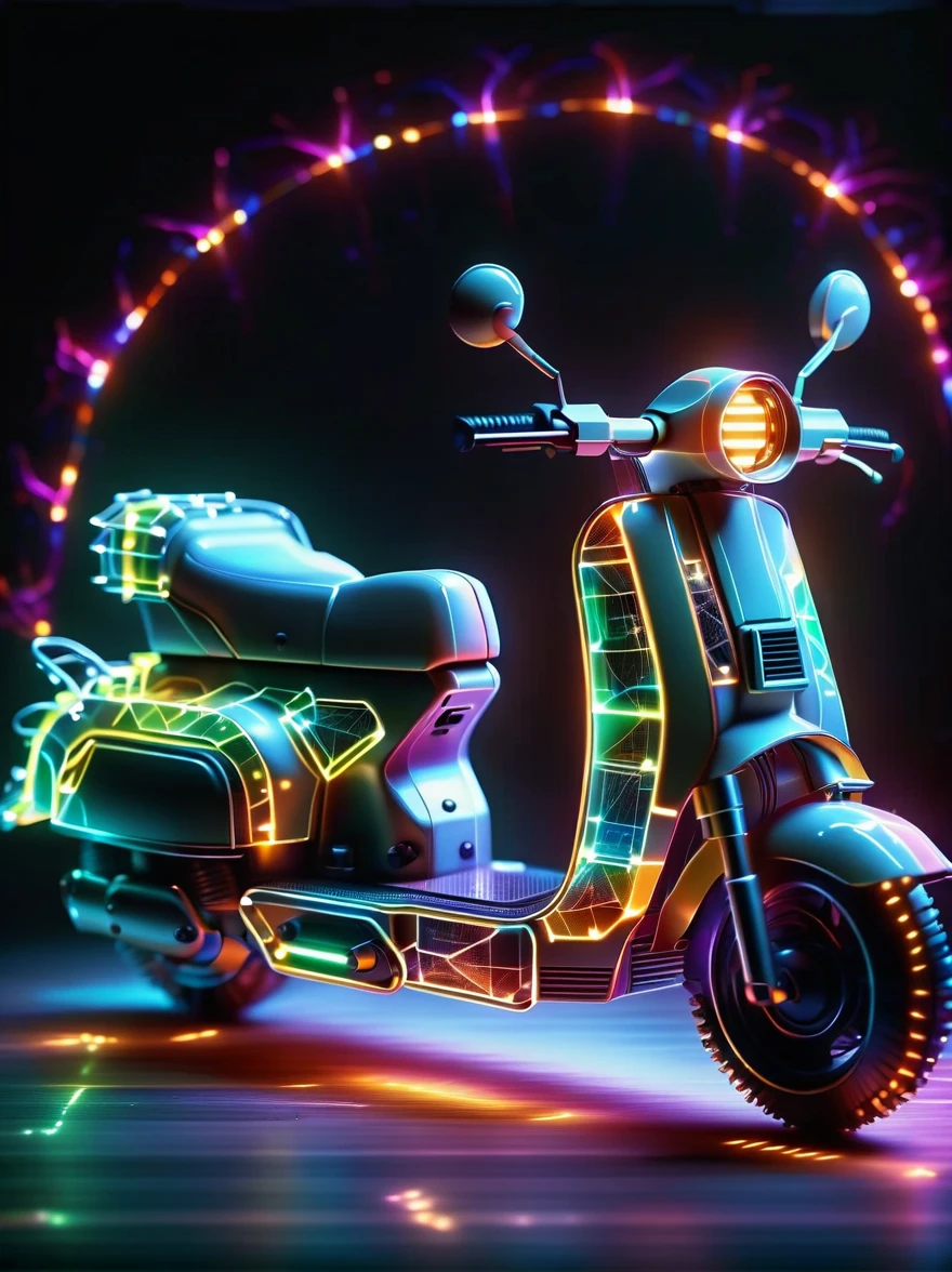 Vibrant colorful photo of low poly plasma electric neon Kirlian effect，Rendering network node visualization，In the shape of a vintage puch moped (Dissolved into circuit pixels:1.3), Sound waves propagate outward in a sinusoidal audio waveform, Detailed aura captured on film