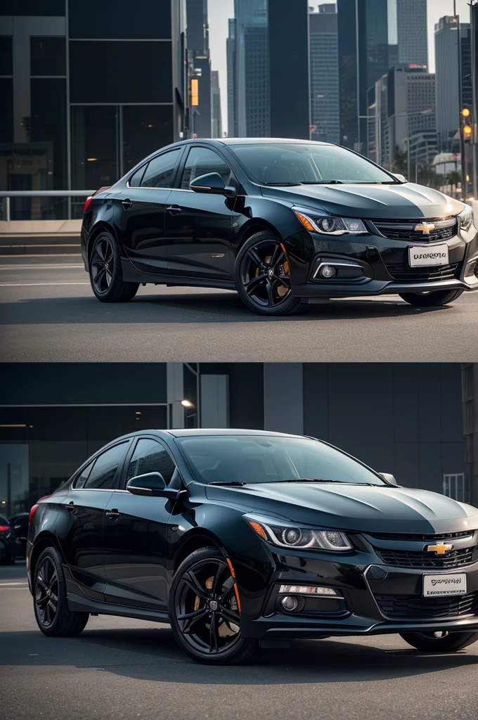 
“A black 2014 Chevrolet Cruze Sedan from Brazil parked in a modern urban setting, in low lighting highlighting the brightness of the car. The Cruze is equipped with BBS Sampson bronze wheels, that stand out for their design and color. The background shows a city at night with building lights starting to light up, giving a touch of sophistication and elegance. The image must have a suitable resolution for an iPhone XS Max, focusing on the car and wheels, maintaining a frame that fits well as wallpaper.”
