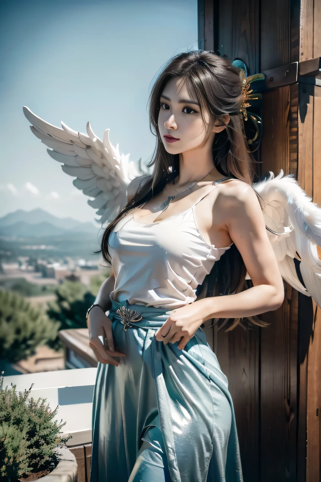 1 Girl, solo, Official Art, Unity 8k Wallpaper, Extremely detailed, beautify、Aesthetic, masterpiece, Top quality, Photorealistic, Female Angel、It has 6 huge white wings on its back.:2.0、Wings of a bird of prey、Blazing Angel、Silver Armor:2.0、silver gloves、Silver insole、White cloth、Hair ornaments with small wings、Valkyrie、Very large wide sword、Glowing angel circle、Angel Halo:2.0、Light Magic、Depth of Field, Awesome atmosphere, Calming color palette, Soft shadows、You can see the forest in the distance、Visit a remote mountain castle、grace、Full body portrait、Full figure、Full breasts、Wide waist、floating in the air:2.0、Flying in the sky:2.0、High altitude frying、Sky on the steppe、You can see the castle on the hill in the distance