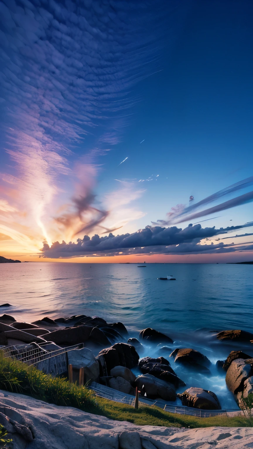 An absolutely mesmerizing sunset over the beach, with a mix of oranges, pinks and yellows filling the sky. The crystal clear waters of the sea gently kiss the shore, with a white sandy beach stretching far and wide. The scene is dynamic and breathtaking, with seagulls flying high in the sky and palm trees gently swaying. Enjoy the relaxing atmosphere and let the peace flood you.