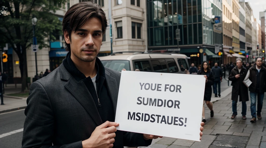 a realistic picture of a man holding a sign that says "subtitles"
