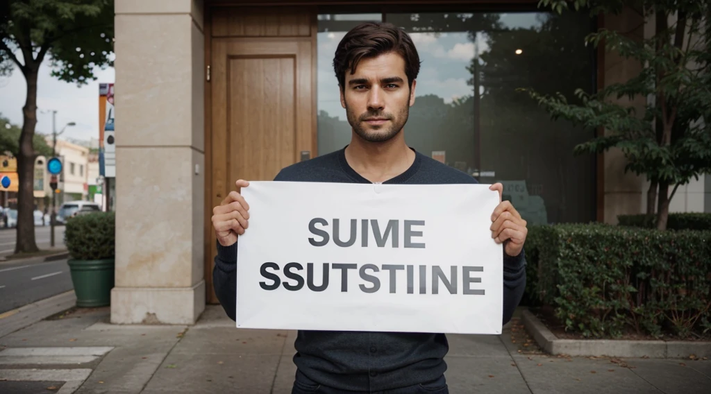 a realistic picture of a man holding a sign that says "subtitles"