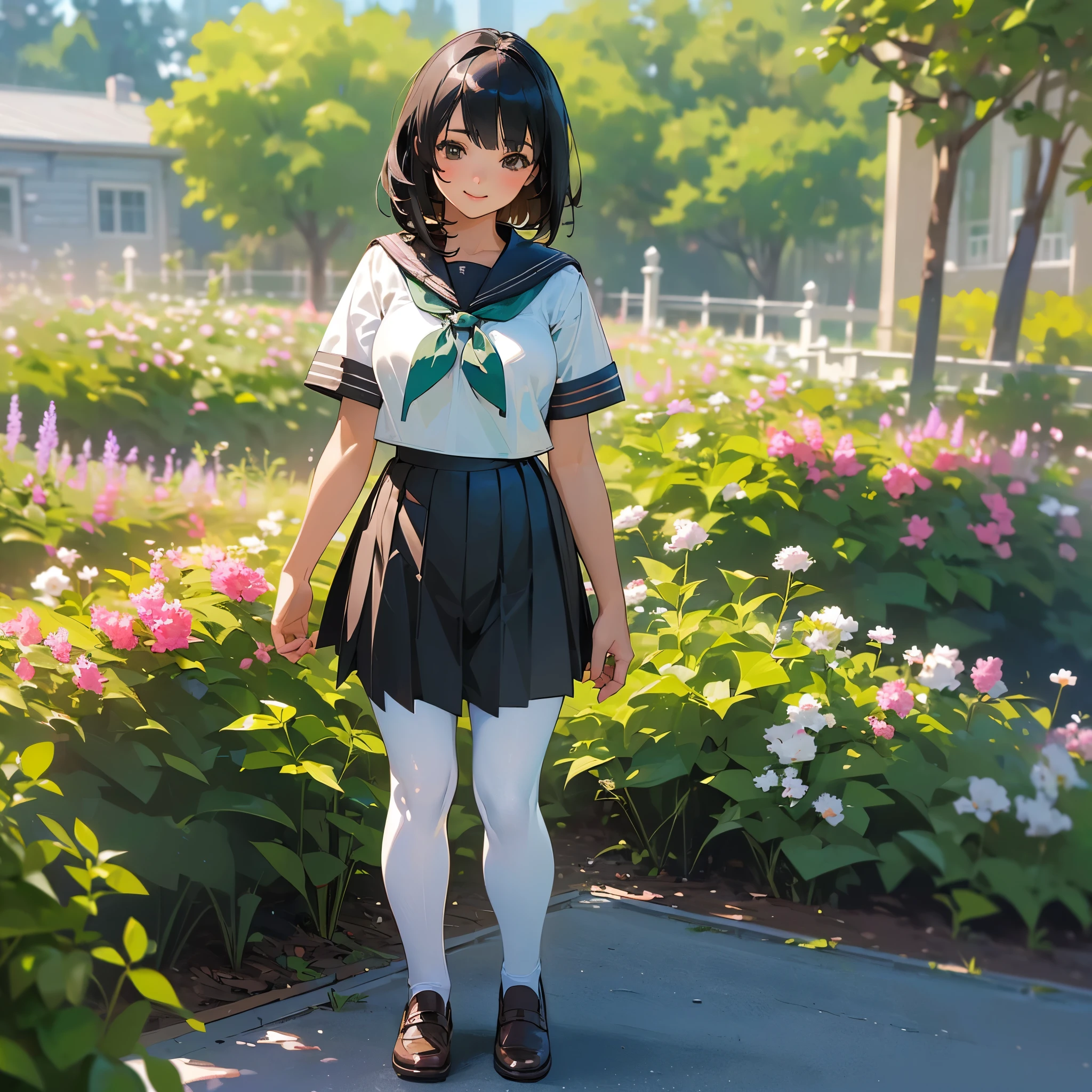 (Highest quality, High resolution, Super detailed, Realistic:1.37), Peaceful atmosphere, (Outdoor, garden), Teenage girl standing alone,(my breasts are big.),Beautifully detailed features, Cute Smile, ((Black bob hair)),Short-sleeved sailor uniform, Pleated skirt,Black tights,Brown leather shoes.