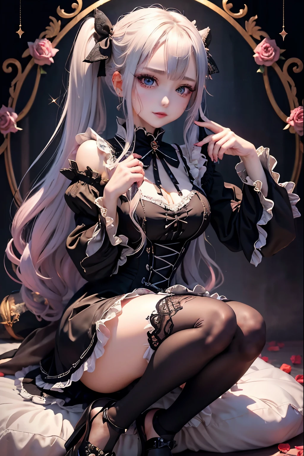 Hard Dark Gothic Makeup、Black dark eyeshadow、sad、Good skin radiance、Dark Gothicメイク、Dark smile、palace、The beauty of fragrance、24-years-old、Expression of intense sexual pleasure、Embarrassed look、Dark Gothic、Highest quality、Expression of sexual pleasure amid suffering、Drunk face、紫のMaid clotheysterious、Noble、The face of someone holding it in the toilet、sexy、Loving smile、Twin tail hair、Right blue eye, Left eye is red、Super tempting pose、Platform Heel Shoes、Heavy makeup、Gothic ta clothes、Silver Hair、Long Hair Straight Hair、Cute Gothic Loliress、Beautiful Face、elegant features、Attractive face、Stained glass is the background、Chest glistening with sweat、The room is dark、goth long dress、Bell Sleeves、Wizard Sleeve、Decadent look、Sexually excited expression、Glossy thighs wet with water、Thighs that are wet and shiny with oil、Background of a room full of roses、sad expression、Rose Maiden、The embroidery is pink、The dress has pink embroidery.、Thigh-high socks、Knee-high socks、Gentle expression、Dark black eyeshadow、Stained glass and rose background、thighs are a little thin、Female Duo、Female couple、dark church background、Stained glass、Black metal world、Dark Castle、Dark Room、Slender body、gothic long dress、Victorian dress、Small breasts、Hold the wine in your right hand、Hold the lantern in your left hand、pantyhose、The bed is covered with roses、Lying in bed、Her thighs are shining with sweat、My body is wet and shiny、Lots of glitter on the thighs、sweating、My thighs are sticky from sweating、Sweat glistening on my thighs, The whole body is sweaty and shiny、I sweated a lot.、My thighs are sweaty、My thighs are wet、My thighs are shining with sweat、A lot of sweat glistening all over the body、Slender body、Put your head on the pillow、Sleeping on a bed、Beautiful legs、Sleep with your legs stretched、