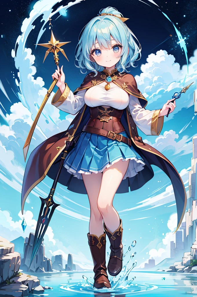 Fantasy,((Masterpiece)),((high resolution)),((Best Quality)),Anime illustration,((1girl)),(wavy hair),(short hair),(pale blue hair color),small ponytail,headband,Indigo eyes,(Big round eyes),((tareme)),((child)),12 years old,((baby face)),(((very big breasts))),Short stature,Young,(loli),,ice wizard,sleeveless white blouse,Blue mini skirt,slit,Brown corset,brown capelet,smile,,Brown long boots,wizard's wand with blue gem,