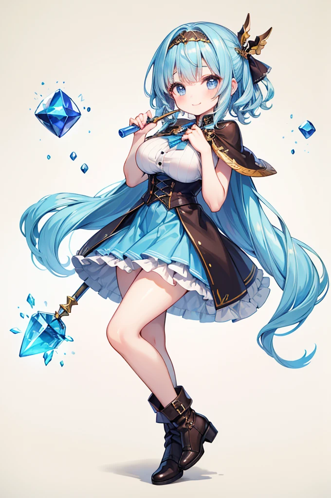 Fantasy,((Masterpiece)),((high resolution)),((Best Quality)),Anime illustration,((1girl)),(wavy hair),(short hair),(pale blue hair color),small ponytail,headband,Indigo eyes,(Big round eyes),((tareme)),((child)),12 years old,((baby face)),(((very big breasts))),Short stature,Young,(loli),,ice wizard,sleeveless white blouse,Blue mini skirt,slit,Brown corset,brown capelet,smile,,Brown long boots,wizard's wand with blue gem,