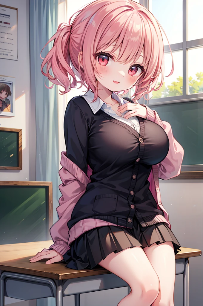 nsfw,((Masterpiece)),((high resolution)),((Best Quality)),Anime illustration,(((1girl))),(wavy hair),(short hair),(pale pink hair color),small ponytail,Red eyes,(Big round eyes),((tareme)),12 years old,((loli face)),orgasm,drunken eyes,((very big breasts)),Short stature,Young,,,cardigan,mini skirt,Feeling embarrassed,Are crying,classroom,thighvibe,vibrator in thighhighs,lift skirt,skirt lift,