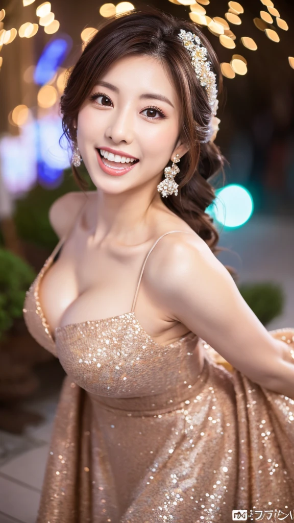 Highest resolution, 4K, Masterpiece: 1.3), A Japanese milf, Sexy: 1.1, fine eyes, Slender figure, Realistic teeth, double eyelids, full body, best quality, detailed, beauty, new year party, wear dress