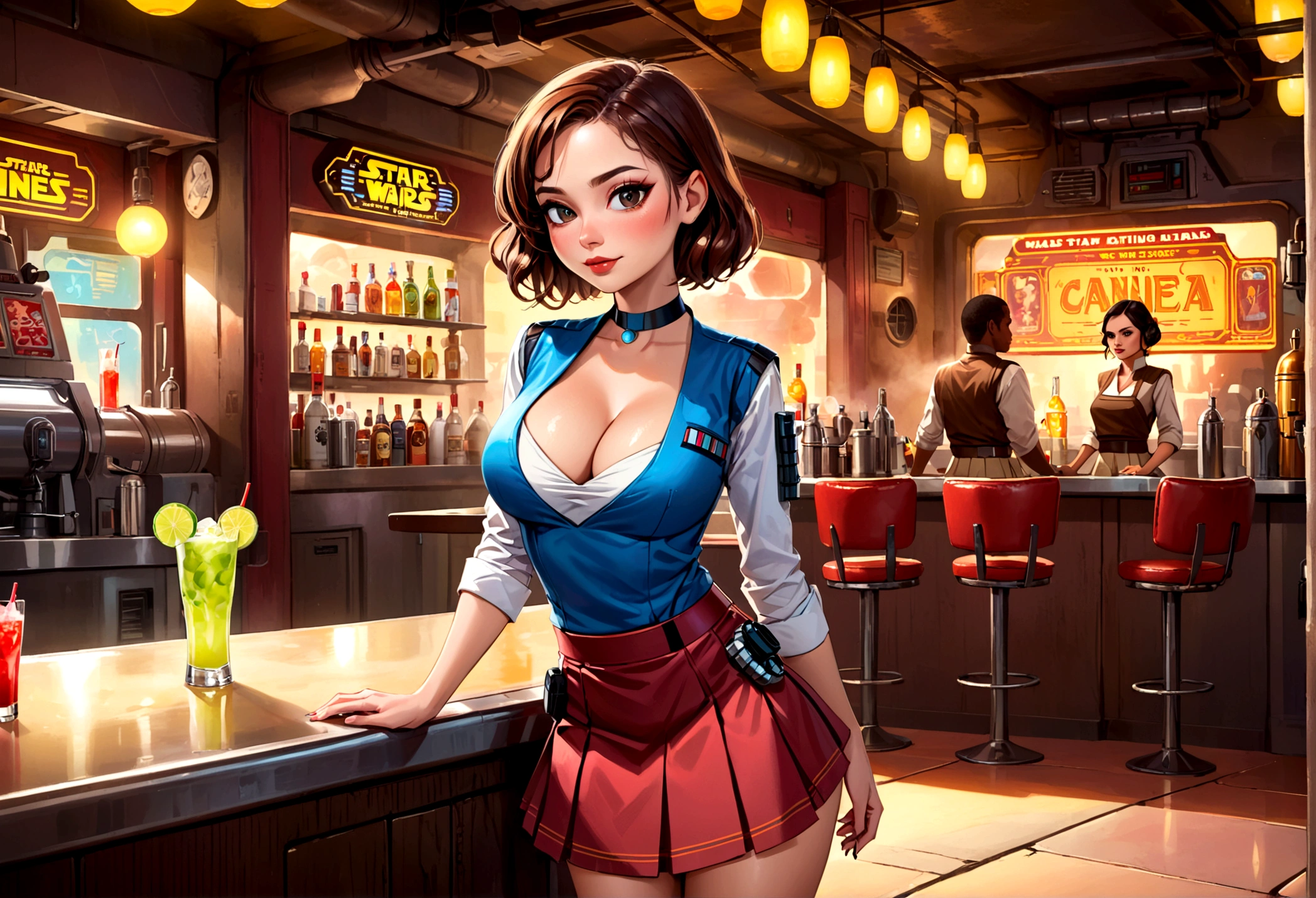 A cute woman in a sci fi waitress outfit (deep neckline, mini skirt, safe for work) is working at a Star Wars cantina serving drinks to wild and rowdy aliens.