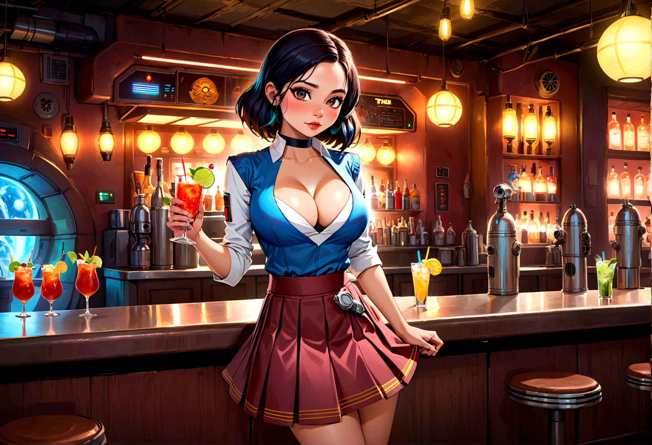 A cute woman in a sci fi waitress outfit (deep neckline, mini skirt, safe for work) is working at a Star Wars cantina serving drinks to wild and rowdy aliens.
