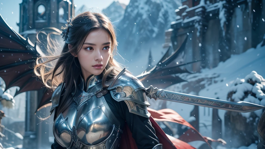 Close-up of woman holding sword and armor, Armor Girl, 2. 5D CGI anime fantasy artwork, Large Breasts,Epic fantasy digital art style, detailed Digital 2D fantasy art, Digital 2D fantasy art, original photo, (best quality:1.3), high resolution, (masterpiece), (lifelike:1.4), Professional photography, Clear focus, High Dynamic Range, 8k resolution, Intricate details, Fine details, Depth of Field, Extremely detailed CG unified 8k wallpaper, masterpiece,poster,best quality,Official Art,(Beauty and aesthetics:1.2),(masterpiece:1.3),Miss,personal,Light Leather Armor,complex pattern,winter,Snow Mountain,castle,Medium distance photography,(early morning),dramatic,Giant bat wings,