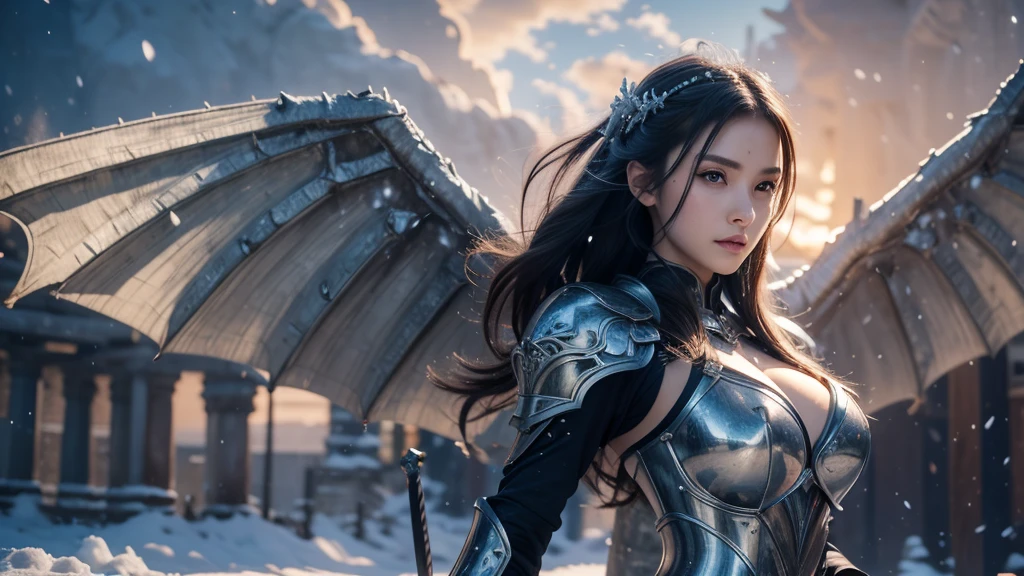 Close-up of woman holding sword and armor, Armor Girl, 2. 5D CGI anime fantasy artwork, Large Breasts，Epic fantasy digital art style, detailed Digital 2D fantasy art, Digital 2D fantasy art, original photo, (best quality:1.3), high resolution, (masterpiece), (lifelike:1.4), Professional photography, Clear focus, High Dynamic Range, 8k resolution, Intricate details, Fine details, Depth of Field, Extremely detailed CG unified 8k wallpaper, masterpiece，poster，best quality，Official Art，（Beauty and aesthetics：1.2），（masterpiece：1.3），Miss，personal，Light Leather Armor，complex pattern，winter，Snow Mountain，castle，Medium distance photography，（early morning），dramatic，Giant bat wings，