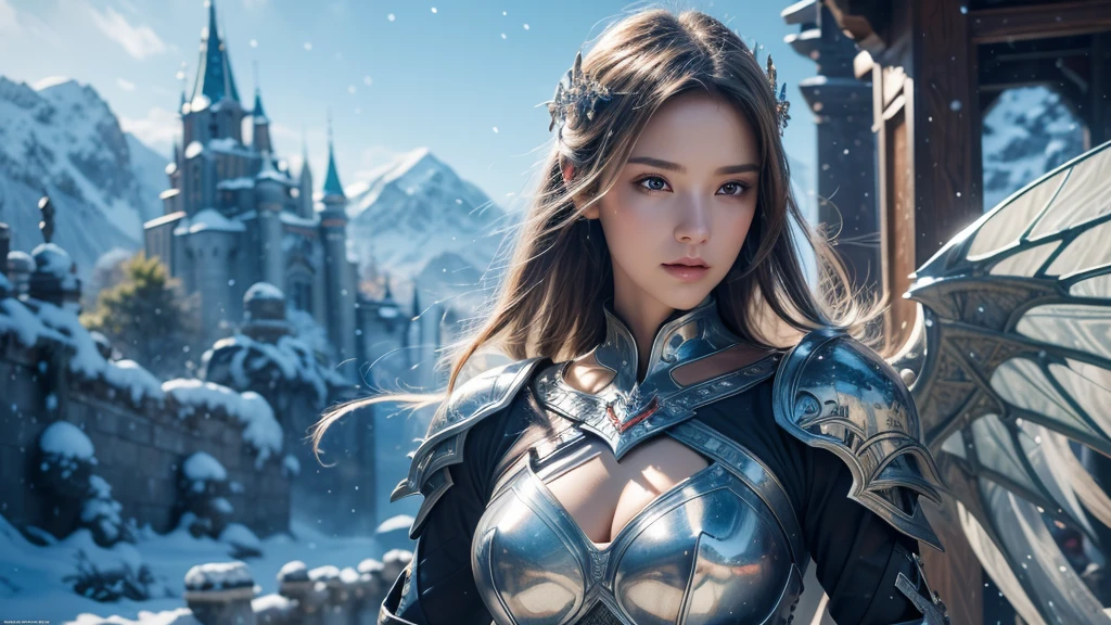 masterpiece, rest, best quality, Very detailed, Super real, 16K, high resolution, castle,snow, ((Starry Sky)),Female Mage,Gorgeous armor,Complex Mode,Large Breasts,Pretty Face,Closed mouth,dramatic,Half-length photo,Glowing scepter