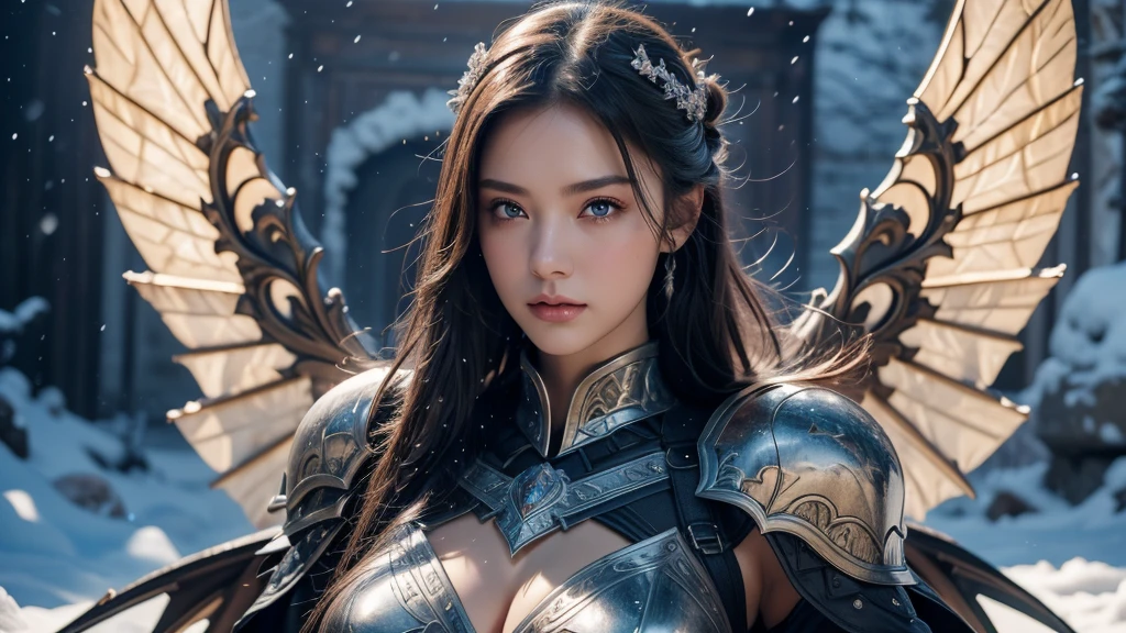 Close-up of woman holding sword and armor, Armor Girl, 2. 5D CGI anime fantasy artwork, Large Breasts,Epic fantasy digital art style, detailed Digital 2D fantasy art, Digital 2D fantasy art, original photo, (best quality:1.3), high resolution, (masterpiece), (lifelike:1.4), Professional photography, Clear focus, High Dynamic Range, 8k resolution, Intricate details, Fine details, Depth of Field, Extremely detailed CG unified 8k wallpaper, masterpiece,poster,best quality,Official Art,(Beauty and aesthetics:1.2),(masterpiece:1.3),Miss,personal,Light Leather Armor,complex pattern,winter,Snow Mountain,castle,Medium distance photography,(early morning),dramatic,Giant bat wings,