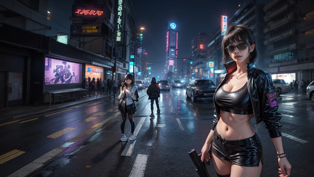 8k, Realistic Skin Texture, Realistic Photo, Neo Tokyo, slim Japanese women, large-breast:1.3 cleavage:1.2, AD2050 at night, Dirty hunting jacket, Wearing tube top, miniskirt, (((black sunglasses, automatic rifle, sneakers, cold, shooting pose, low angle view))), Innovative composition, revenge, cyberpunk, blade runner worldview, Large neon sign, Geisha hologram sign, Strong Wakamoto Sign.