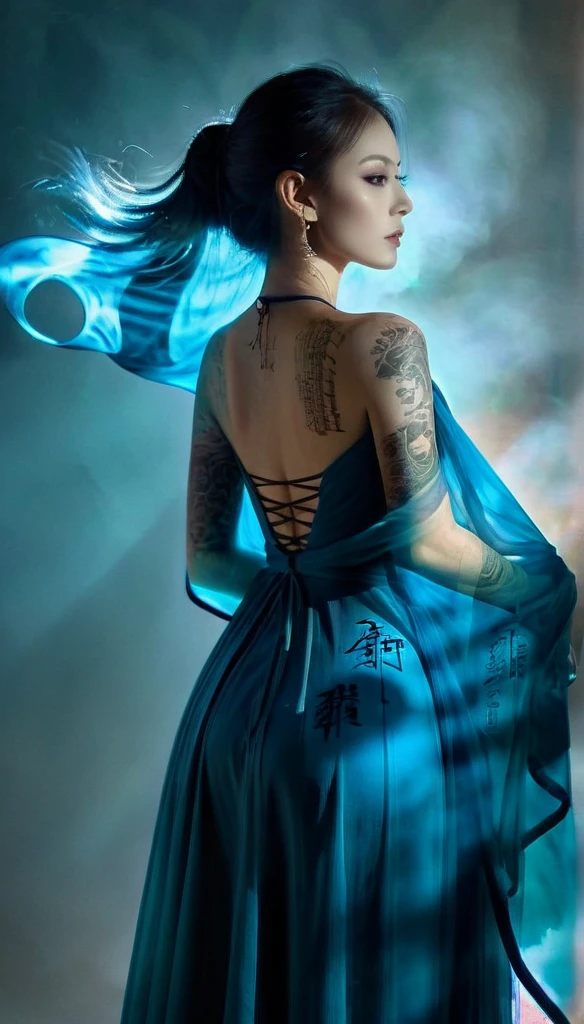 Double Exposure Style,Volumetric Lighting,a girl (Supermodel) with Wrap top,arching her back, beautiful tattoo, Traditional Attire,Artistic Calligraphy and Ink,light depth,dramatic atmospheric lighting,Volumetric Lighting,double image ghost effect,image combination,double exposure style,