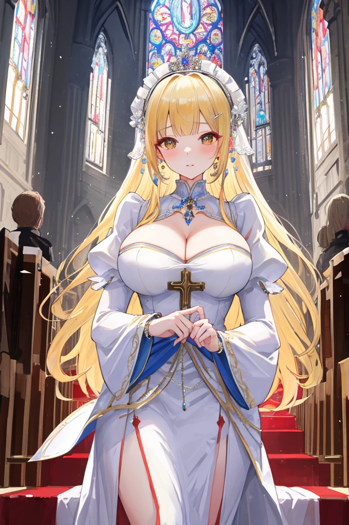 masterpiece,8K,A woman with big tits,Gorgeous woman,transparent,Long blond hair,big hair,((hime cut)),Gorgeous jewelry,Crystal Hair Accessories,Cleavage,pubic,In front of the altar of the majestic church、Brighter light,((Puffy sleeves))、Long cuffs、White embroidery、Five fingers、red cheeks,