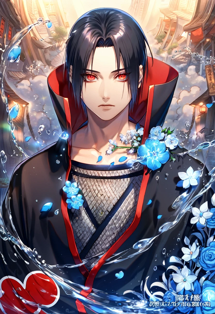 Ultra detailed, highres, absurdres, HDR, master piece, Uchiha Itachi, black hair, expressive red eyes (sharingan), Akatsuki black tunic, Naruto Shippuden), blue petals, sexy man, solo, best quality, blue blossoms, blue shining fireflies, fantasy, magical, handsome, blue moon, blue flowers, magic, water,