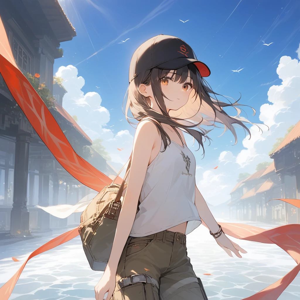 score_9, score_8_up, score_7_up, source_anime, best quality, masterpiece, official art, absurdres, highres, ultra-detailed,waifu2x,Collection: Slice of Life,break,1girl,fantasy world, small breasts, cap, tank top, cargo pants, outdoors, wind, break,(clear line illustration:1.2),very high resolution, very aesthetic, super detailed skin, Best sexual lighting powered by famous artist, 8k,cute picture,beauty illustration,photoshop_(medium),,(Detailed Lighting),best anime 8k konachan wallpaper, pixiv contest winner,