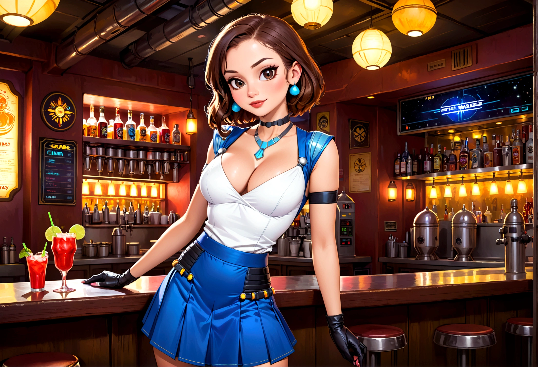 A cute woman in a sci fi waitress outfit (deep neckline, mini skirt, safe for work) is working at a Star Wars cantina serving drinks to wild and rowdy aliens.