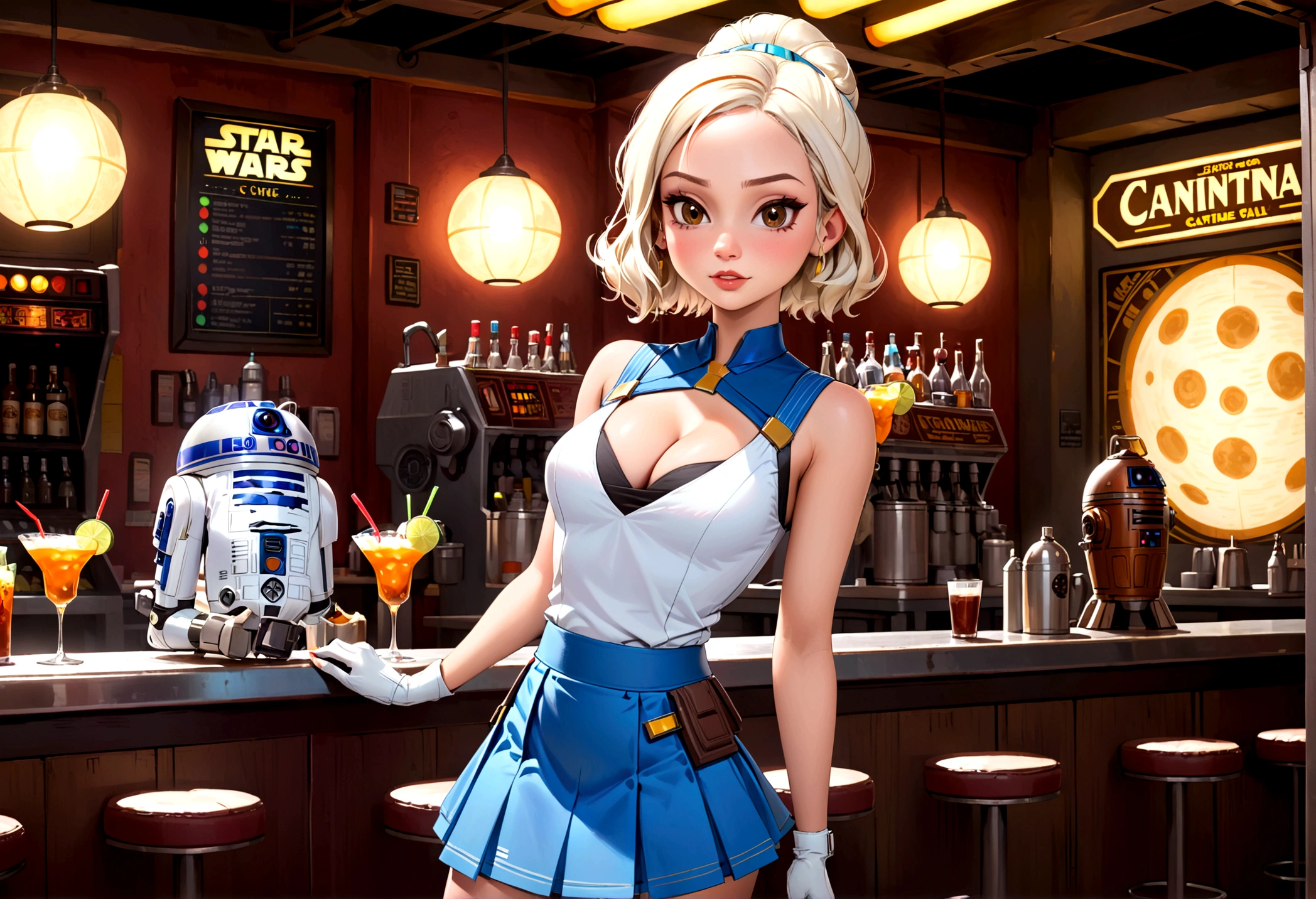 A cute woman in a sci fi waitress outfit (deep neckline, mini skirt, safe for work) is working at a Star Wars cantina serving drinks to wild and rowdy aliens.