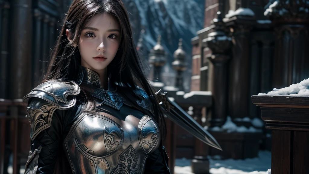 Close-up of woman holding sword and armor, Armor Girl, 2. 5D CGI anime fantasy artwork, Large Breasts,Epic fantasy digital art style, detailed Digital 2D fantasy art, Digital 2D fantasy art, original photo, (best quality:1.3), high resolution, (masterpiece), (lifelike:1.4), Professional photography, Clear focus, High Dynamic Range, 8k resolution, Intricate details, Fine details, Depth of Field, Extremely detailed CG unified 8k wallpaper, masterpiece,poster,best quality,Official Art,(Beauty and aesthetics:1.2),(masterpiece:1.3),Miss,personal,Light Leather Armor,complex pattern,winter,Snow Mountain,castle,Medium distance photography,(early morning),dramatic,Giant bat wings,