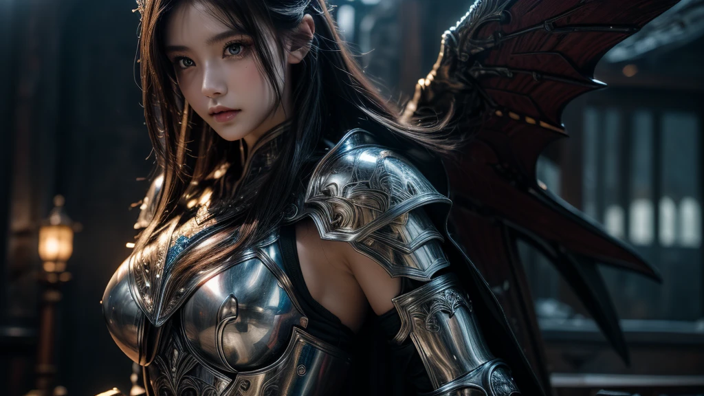 Close-up of woman holding sword and armor, Armor Girl, 2. 5D CGI anime fantasy artwork, Large Breasts，Epic fantasy digital art style, detailed Digital 2D fantasy art, Digital 2D fantasy art, original photo, (best quality:1.3), high resolution, (masterpiece), (lifelike:1.4), Professional photography, Clear focus, High Dynamic Range, 8k resolution, Intricate details, Fine details, Depth of Field, Extremely detailed CG unified 8k wallpaper, masterpiece，poster，best quality，Official Art，（Beauty and aesthetics：1.2），（masterpiece：1.3），Miss，personal，Light Leather Armor，complex pattern，winter，Snow Mountain，castle，Medium distance photography，（early morning），dramatic，Giant bat wings，