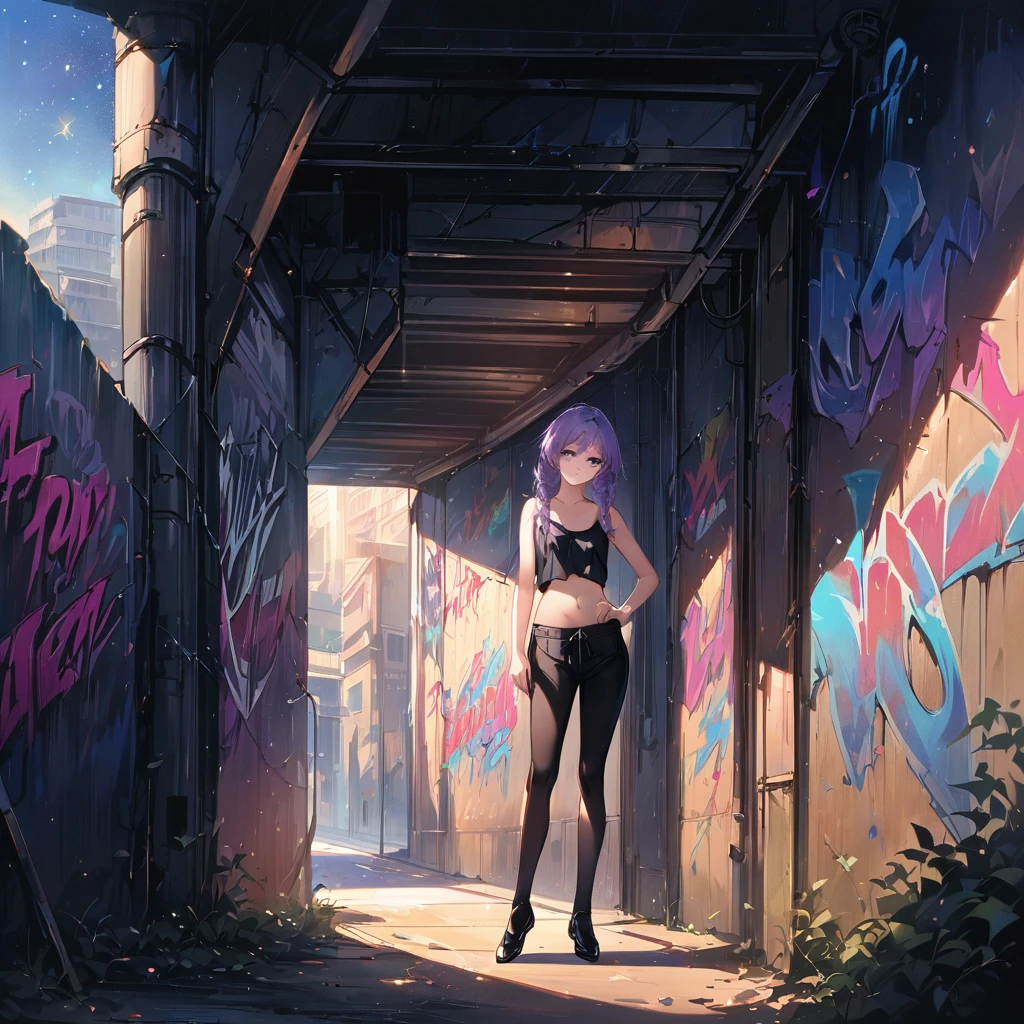 a masterpiece, beautiful eyes, a beautiful face, beautiful depiction, details, solid blue Skyscrapers background, ultra detailed, 8K, pale-purple hair, a dynamic angle,(Cute a girl:1.5), (a girl with closs hair pin,pale purple hair,wavy two braids,bluntbangs hair,green and black eyes,
A black tank top showing her slim belly, black drawstring pants, black ballet shoes, full body shot, A starry sky, a gentle smile, Graffiti art, dimly lit underpass, light coming from behind her, look at viewer, pale colors, :1.4),boots focus,
(masterpiece:1.3), (1980's japanese comic:1.5), (Lovey-dovey:1.5), (tilt head:1.3), extremely delicate face, soft clean focus, realistic lighting and shading, (an extremely delicate and beautiful art:1.3), elegant, (muted colors:1.1), small breast,slim,morning lit,
a masterpiece, beautiful eyes, a beautiful face, beautiful depiction, details, solid blue Skyscrapers background,