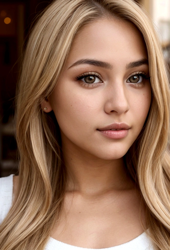 Blonde girl with brown eyes and perfect face, of Colombian origin. young woman, sexy and attractive, with a natural and charming style. Selfie in a casual setting, with subtle makeup, direct look at the camera. Close-up portrait that highlights your natural beauty, stunning full body photo in a warm and cozy environment.