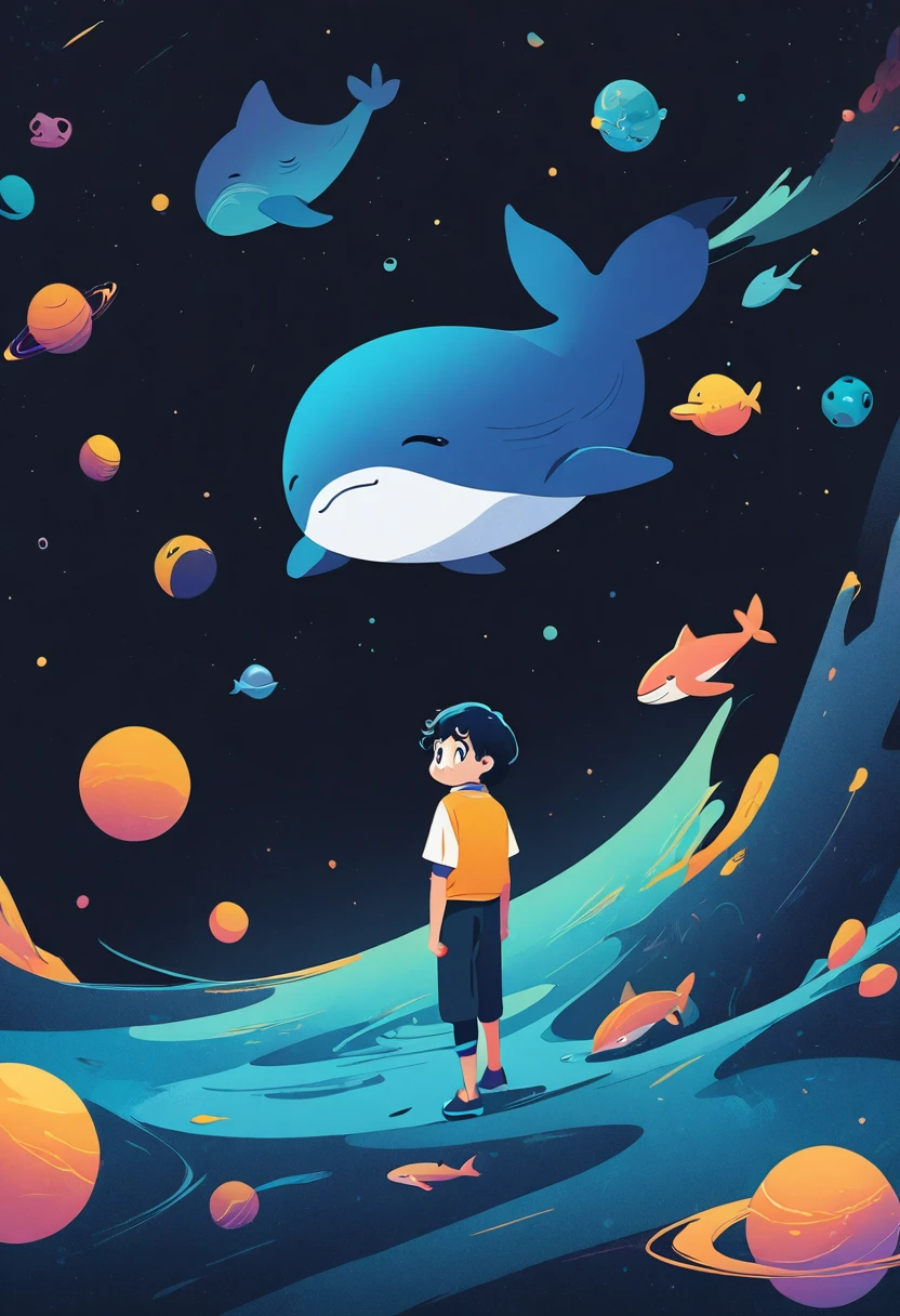 1 Boy,1 whale,Holding a notebook, Space Background,2d illustration, simple cartoon style, Animation illustration style, 2D digital illustration, Simple illustration,Rich colors