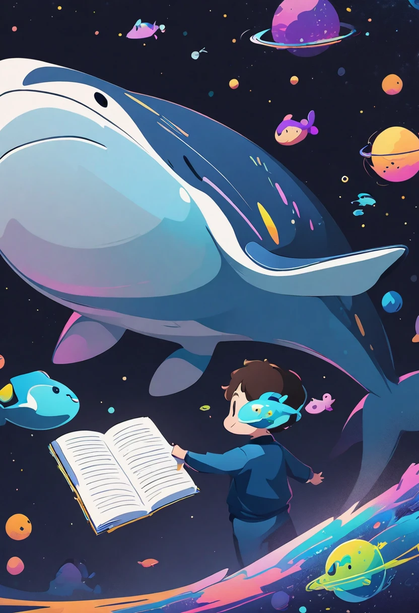 1 Boy,1 whale，Holding a notebook, Space Background，2d illustration,   simple cartoon style, Animation illustration style, 2D digital illustration, Simple illustration，Rich colors