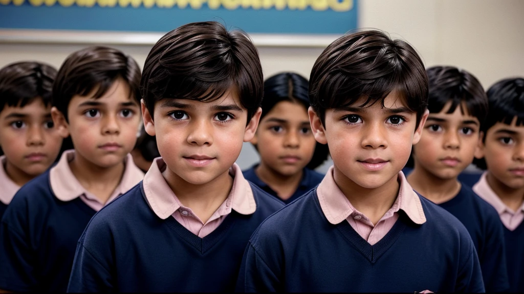 Photorealistic depiction of a 7--old with straight dark brown hair, bangs covering his forehead, and large, expressive brown eyes. His round face and slightly pink cheeks add to his innocent appearance. The boy is partially dressed in a navy blue , consisting of a long-sleeved shirt and matching pants. He is visibly scared and crying, holding a book as he stands in front of his classmates, who are mocking him. The oppressive atmosphere of a mid-90s classroom is palpable, meticulously capturing the tears welling up in the boy's eyes. This scene reflects the profound drama and bullying that many autistic children endured during that time period.