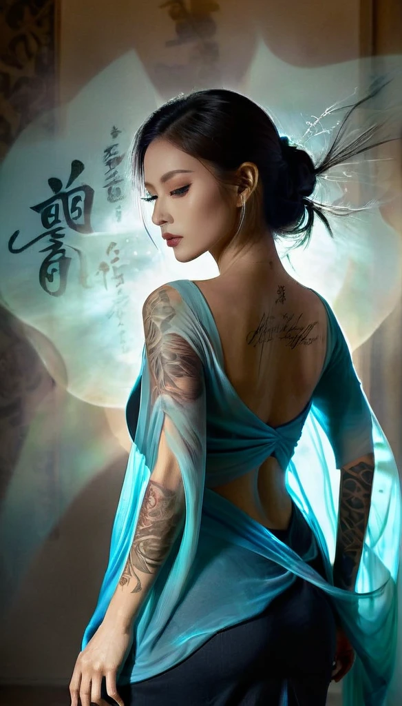 Double Exposure Style,Volumetric Lighting,a girl (Supermodel) with Wrap top,arching her back, beautiful tattoo, Traditional Attire,Artistic Calligraphy and Ink,light depth,dramatic atmospheric lighting,Volumetric Lighting,double image ghost effect,image combination,double exposure style,