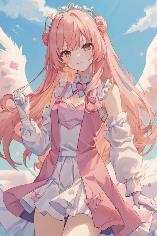 1_girl, (anime, kawai:2), (masterpeice, best_quality, clean:1.5), (sky_background:1.2), (cute, cute_smile, young:1.5), (delicate, beautiful, thin:1.5), (girlfriend, angel:1.8), (green_eyes, simple_eyes:1.5) (long_hair, blond_hair, wearing_pink_dress, pink_angel_wings, sexy_gloves:1.5), extremely_delicate, (love_magic:1.5), (age_size_fits_body), (small_thighs:1.3), (breasts), (eye_level:1.3), (heart_magic, love:1.5)