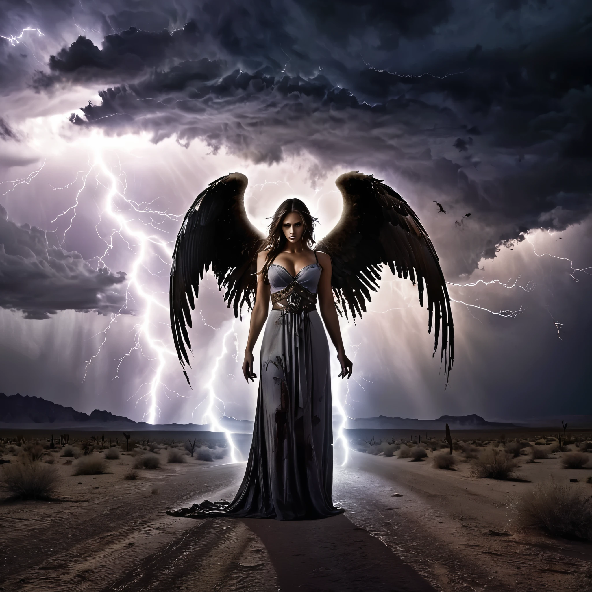 A haunting angel with decayed wings and tattered robes, standing in a dark desert with zombie storm clouds and eerie lightning.