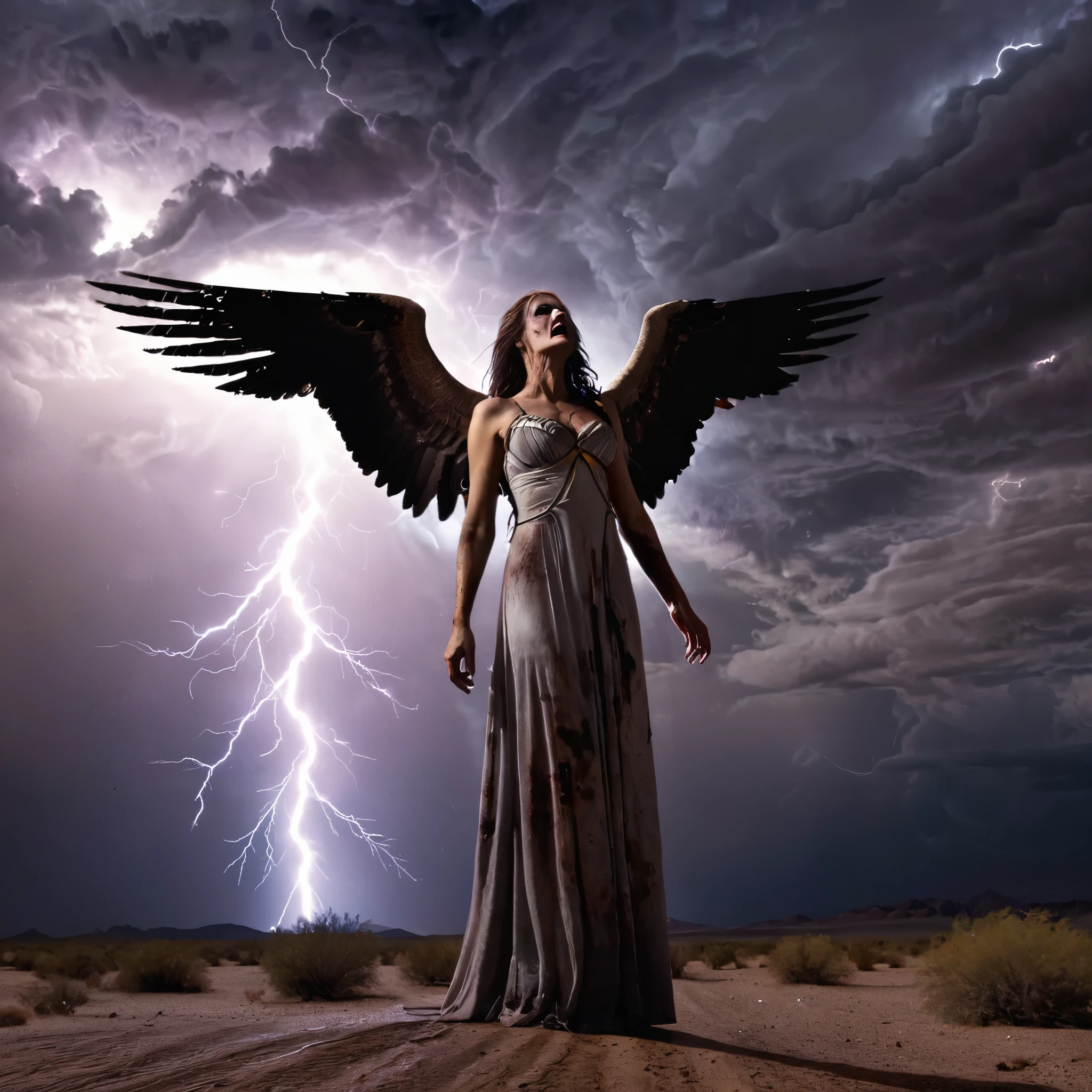 A haunting angel with decayed wings and tattered robes, standing in a dark desert with zombie storm clouds and eerie lightning.