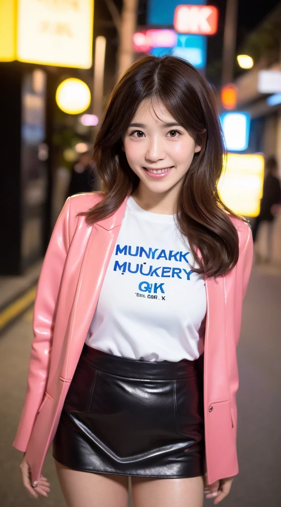 (((Yumikanok))),((Best quality, 8k, Masterpiece :1.3)), 1girl, smiling, full body, slim face, Pretty woman, (Dark brown hair), Leather pink suit,short tight skirt, Ultra-detailed face, Detailed eyes, Double eyelid, bokeh background, slim face, night city, neon light,outside, tokyo street,japan