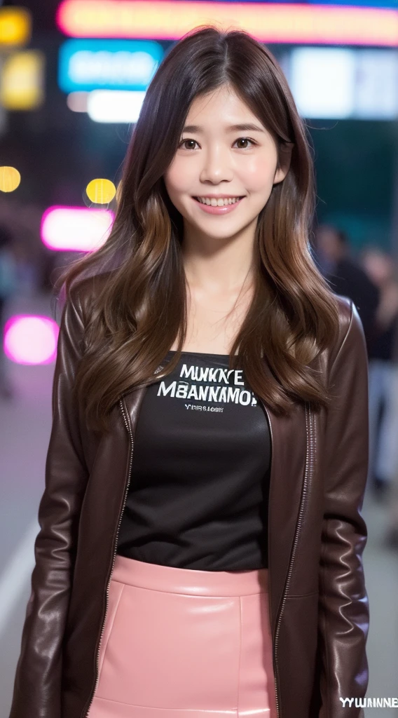 (((Yumikanok))),((Best quality, 8k, Masterpiece :1.3)), 1girl, smiling, full body, slim face, Pretty woman, (Dark brown hair), Leather pink suit,short tight skirt, Ultra-detailed face, Detailed eyes, Double eyelid, bokeh background, slim face, night city, neon light,outside, tokyo street,japan
