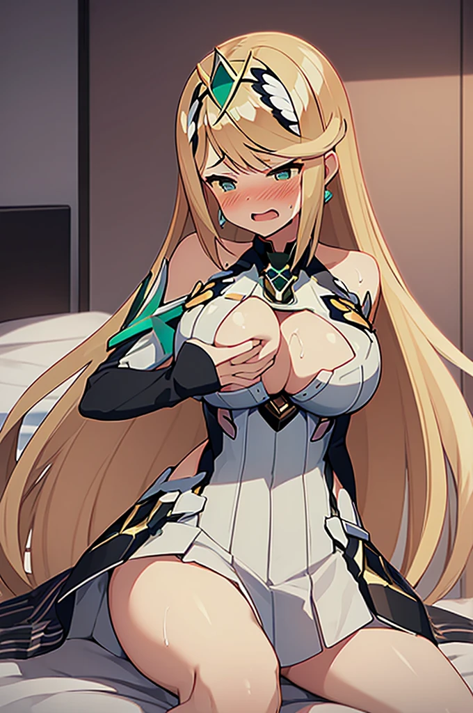 (Masterpiece, Top quality: 1.5), nsfw, sitting on bed, (1boy and 1girl are having sex on the bed:1.3), (Mythra :1.3),(breast grab from behind:1.3), a boy is with black hair , (large breasts:1.3), (cleavage:1.2), standard weight, Blonde Hair, 16 year old, angry, (flustered:1.3), sexual climax:1.2, open mouth, bedroom ,cum:1.3