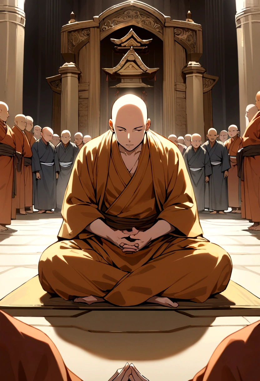 a young bald monk, sitting in a meditation position, in the temple with several people around him