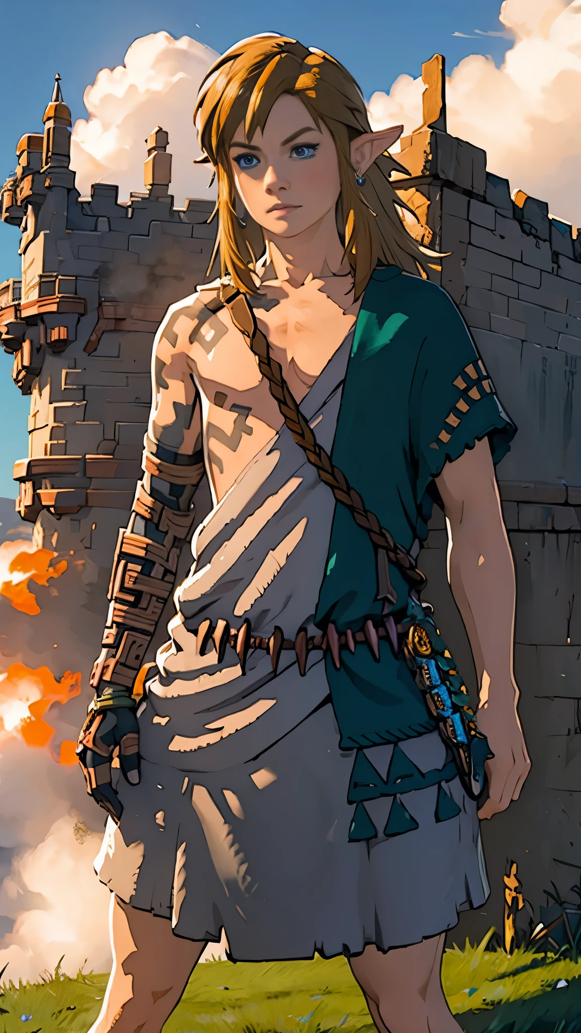 Fully equipped、Link、Subjective、looking at the camera、Burnt Castle、male、Masterpiece、Highest quality、male体型、Flowing Hair、Model standing、Stand in the flames