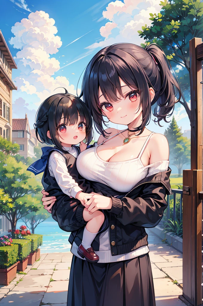Fantasy,((Masterpiece)),((high resolution)),((Best Quality)),Anime illustration,((1girl)),(wavy hair),(short hair),(black hair color),small ponytail,Red eyes,(Big round eyes),((tareme)),((child)),,((baby face)),((very big breasts)),Short stature,Young,((loli)),,,Off-shoulder sweater,long maxi-skirt,smile,Ladylike,blue sky,