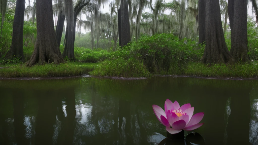 A photorealistic image of a natural swamp scene with water and lotus flowers. The swamp is teeming with life, with a variety of plants and animals visible. The water is dark and still, reflecting the overhanging trees. In the foreground, there is a cluster of lotus flowers in full bloom. The flowers are large and vibrant, with delicate petals that unfurl gracefully. The swamp is illuminated by soft, natural light, creating a sense of mystery and intrigue.