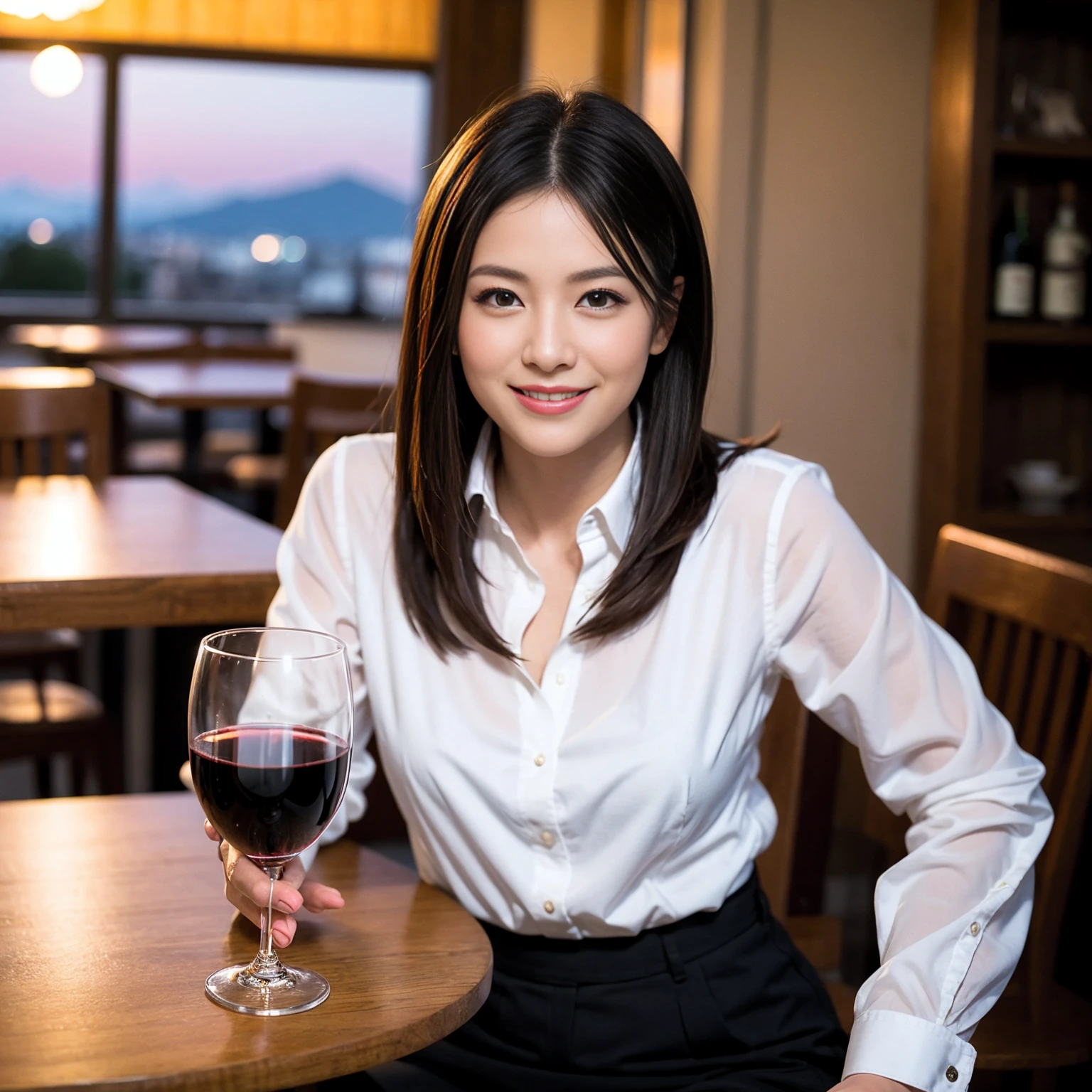((Highest quality、、masterpiece:1.3))、1 male、1 female、spouse、Beautiful couple、Japanese couple、smile、 (Slim face), (the body is スリム), (Brown Hair), (Shortcuts), ((Bob Hale、Straight hair:1.2)), テーブルの上のwine glass、Please shine a light on my face、 Amazing view of the sunset sky and clouds、Amazing mountain views、smileの美しさ、Bright imYear、Blushing, Shortcuts,Bright Face、 Year), 39 Year, red wine 、Appetizers、Italian food、Wine bottle、Champagne、sparkling wine、Long sleeve shirt、dress、Attractive beauty、restaurant, Nova Frog Style, actress, model, Upper Body, White wine, red wine, wine glass,