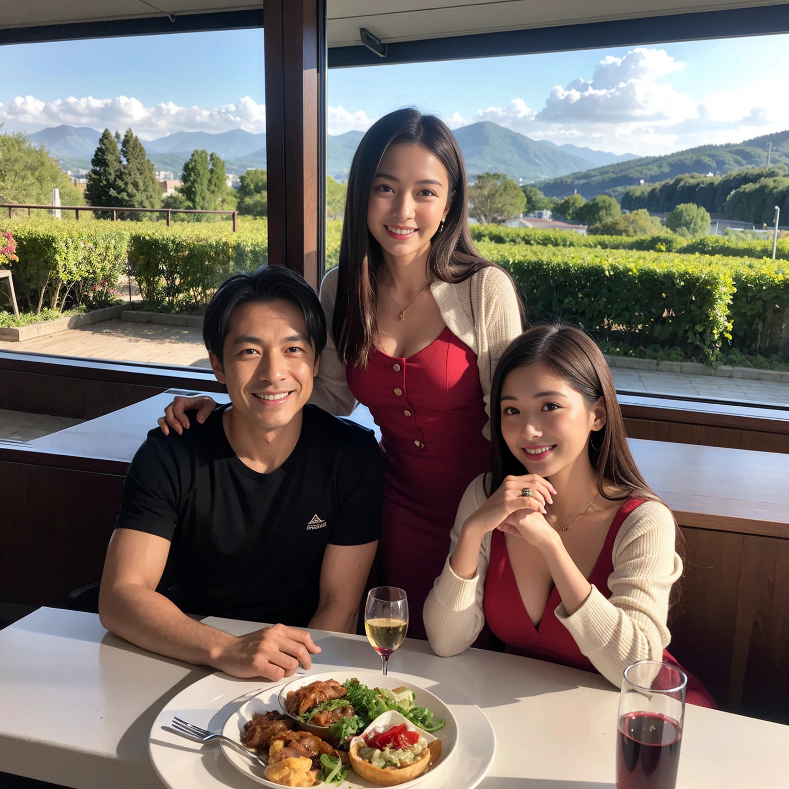 ((Highest quality、、masterpiece:1.3))、1 male、1 female、spouse、Beautiful couple、Japanese couple、smile、 (Slim face), (the body is スリム), (Brown Hair), (Shortcuts), ((Bob Hale、Straight hair:1.2)), テーブルの上のwine glass、Please shine a light on my face、 Amazing view of the sunset sky and clouds、Amazing mountain views、smileの美しさ、Bright imYear、Blushing, Shortcuts,Bright Face、 Year), 39 Year, red wine 、Appetizers、Italian food、Wine bottle、Champagne、sparkling wine、Long sleeve shirt、dress、Attractive beauty、restaurant, Nova Frog Style, actress, model, Upper Body, White wine, red wine, wine glass, 