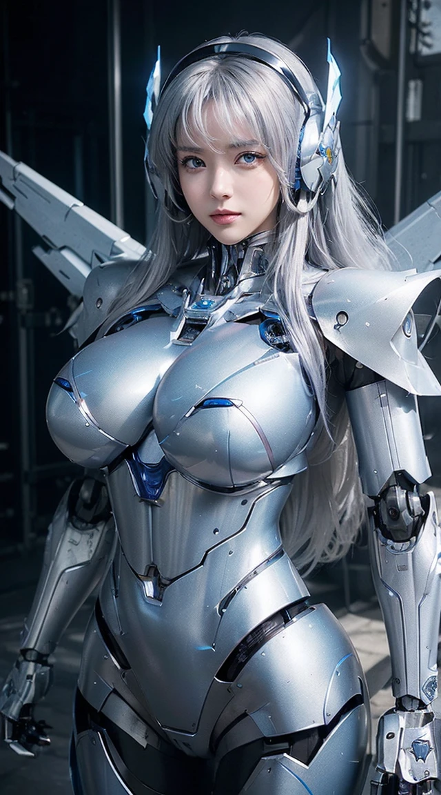 ((Intense action pose:1.6))、((Shining lenses on both breasts:1.3))、((Blue pillars of light are emanating from both chests.:1.3))、smile、((8K)), ((32k)), ((Highest quality)), ((masterpiece)), ((超A high resolution)), ((Tmasterpiece)), ((Halation:1.4))、((Mechaニカルheadgear:1.2))、((Cyber Headphones:1.3))、Fine skin, High quality fabric, Fine metal texture、((Beautiful and dense face))、RAW Photos、Professional, Ultra-fine painting, ((alone)), Beautiful breasts、Highest quality, Very detailed, Very detailed詳細, Finer details, so beautiful, ((Princess Knight Robot:1.2)), (Joints of machines, Mechanical Limbs:1.3), (The internal structure of the machine is exposed:1.3), (Long silver hair:1.1), (Beautiful and huge mechanical breasts)、White Veil, cowboy_shot, Side Focus, headgear, Shiny、(Five Fingers, Four fingers and thumb),Concept Art, Anime fantasy artwork, Detailed fantasy art, (with pale blue-violet hair and large white wings,,,,,,,), (((Long silver hair))), (Mecha:1.6)、Sleek and intimidating design, ((Commander-in-Chief'arm)), (Perfect robot body)、純白と青紫armまたは, Symmetrical wings, 8K high quality, detailed art, 3D rendering of character art in 8K, neat legs, Defined, Defined fingers,