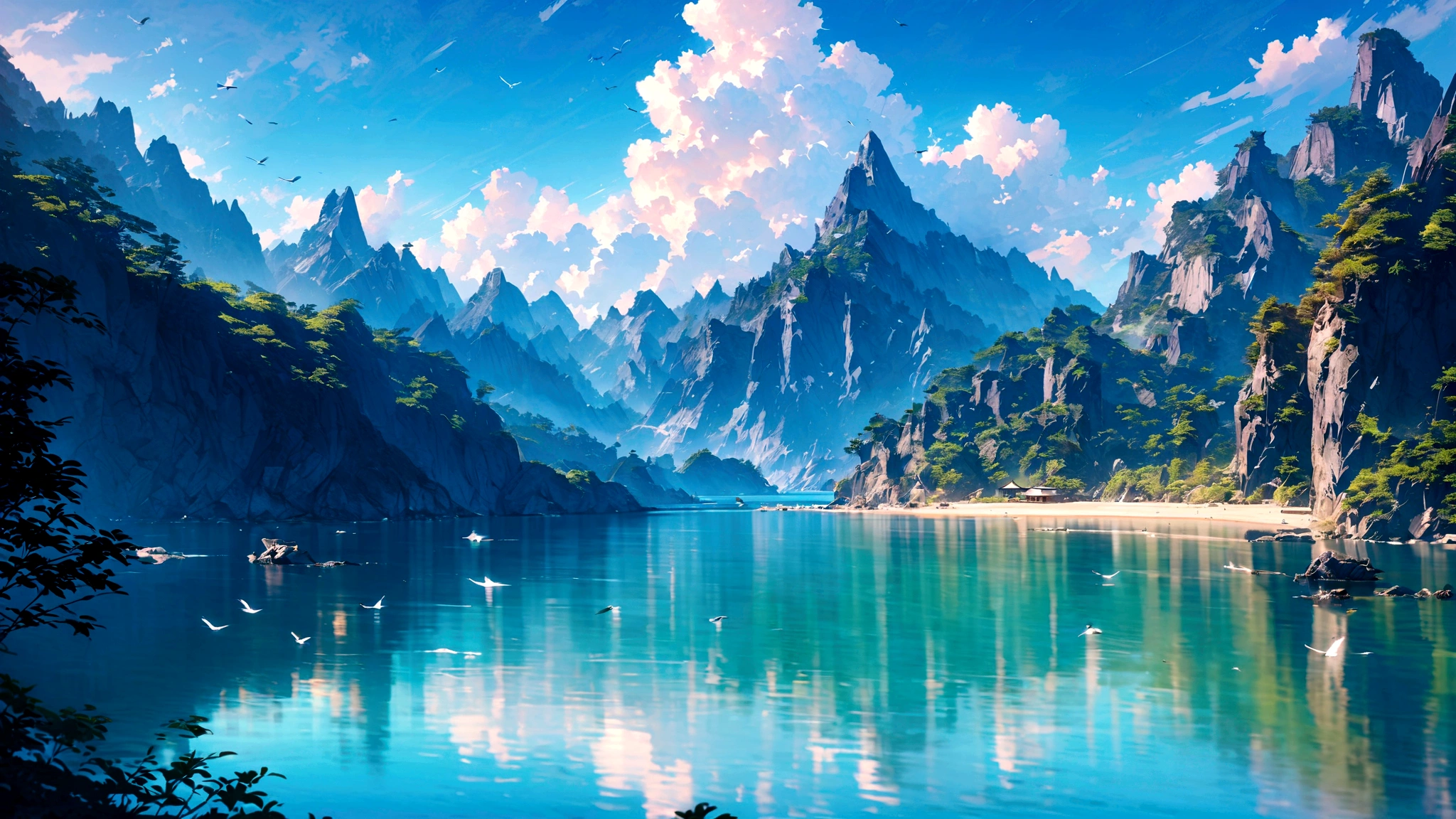 ((Highest quality,4K,8K,High resolution,masterpiece:1.2),Very detailed,(practical,photopractical,photo-practical:1.37),(figure : 1.0), A magnificent composition, Realistic lighting, High resolutionの詳細, masterpiece, Highest quality, (8K wallpapers incorporating highly detailed CG) , Chinese style(Chinese style插画)Starry Sky,White cloud,Birds in the distance,Ocean,Great View,vision,landscape,Wave,peaceful,peaceful,fresh air,peaceful的气氛,Endless Horizon,Vibrant colors,sky reflection on Ocean surface,Lush greenery,wood々was shaking,trunk,Mountain in the background々,The magnificent beauty of nature,陸とOcean,Relaxing environment, Background only, Only the view,Beautiful sky