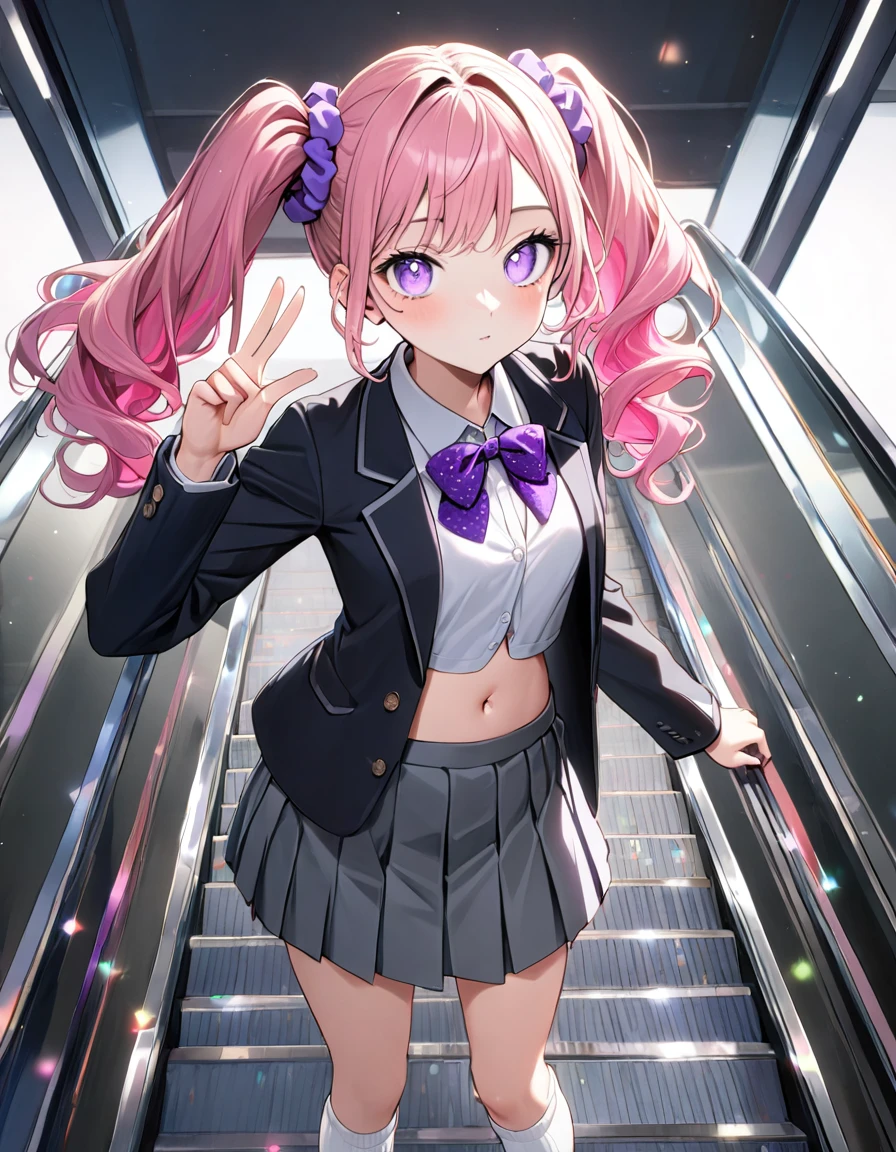 (8K, best quality, master piece: 1.2), super high resolution,1 girl,16yo,solo,1ultra-detailed face,detailed eyes,perfect hands, perfect fingers,sparkling pupils,Mascara,Bubblegum Pink hair,natural wave hair,twintails,amethyst Eyes,,(scrunchie,blazer,Short pleated skirt),(gray:1.5),navel,((loose white socks)),polka-dot pattern bow tie,smaile,medium breasts,(making a peace sign),リムライト,standing on a down escalator,Look at Viewer