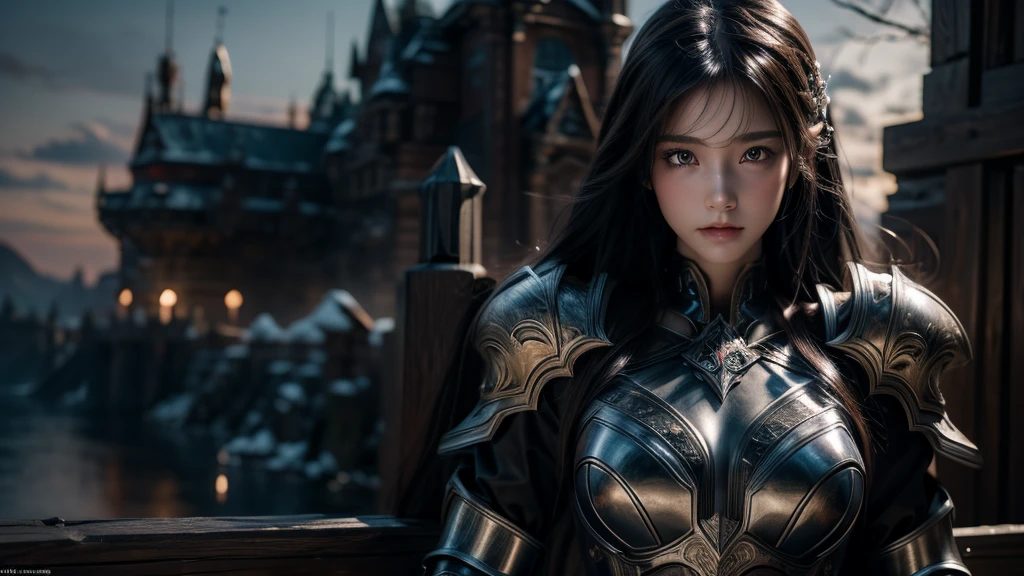 Close-up of woman holding sword and armor, Armor Girl, 2. 5D CGI anime fantasy artwork, Large Breasts，Epic fantasy digital art style, detailed Digital 2D fantasy art, Digital 2D fantasy art, original photo, (best quality:1.3), high resolution, (masterpiece), (lifelike:1.4), Professional photography, Clear focus, High Dynamic Range, 8k resolution, Intricate details, Fine details, Depth of Field, Extremely detailed CG unified 8k wallpaper, masterpiece，poster，best quality，Official Art，（Beauty and aesthetics：1.2），（masterpiece：1.3），Miss，personal，Light Leather Armor，complex pattern，winter，Snow Mountain，castle，Medium distance photography，（early morning），dramatic，Giant bat wings，