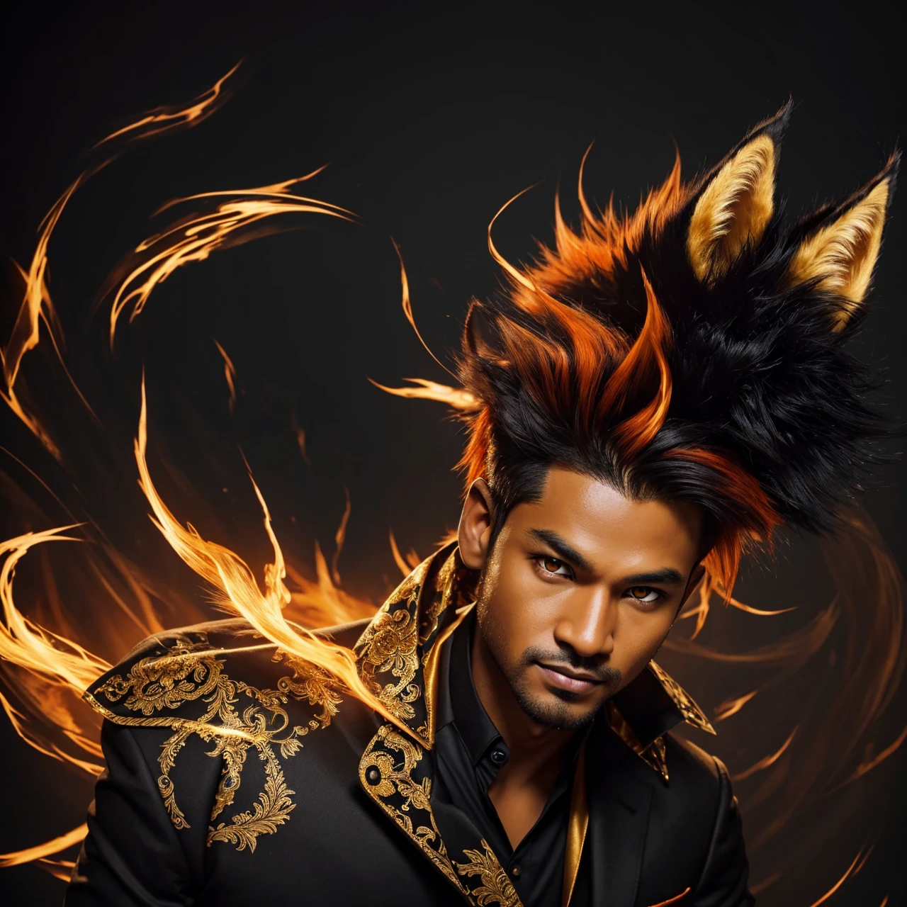 (1male), (golden eyes), kitsune, shadow creature, body is surrounded by black mist, high res, quality, masterpiece, handsome, smirking, melanated fox ears on top of his head, cheeky, 9 fox tail, ominous bedroom background, orange and black hair, medium hair length, wearing a black and gold suit, staring into camera, tan skin.